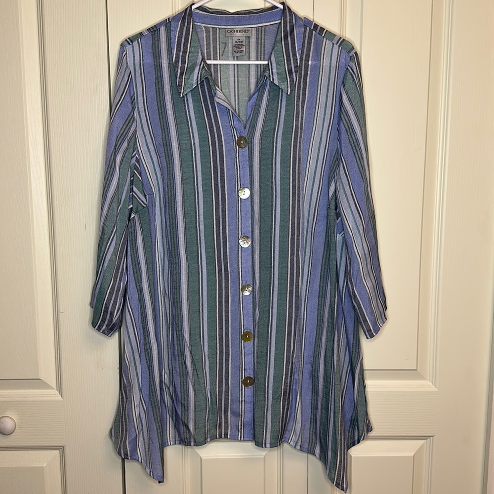 Plus Size Catherines Sheer Striped Button Down Roll over Sleeve Size 14/16W